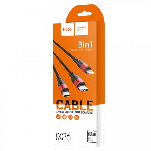 Кабель hoco X26 Xpress Lightning+Micro-USB+Type-C - Черно/Красный